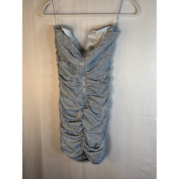 Fashion Nova Strapless Blue Silver Ruched Dress Size Large Preowned - Picture 5 of 11